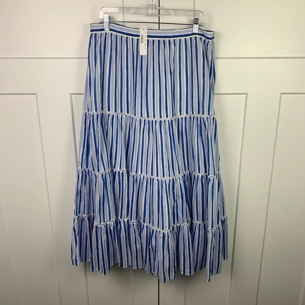 NWT J Crew Large Tall LT Striped Midi Skirt Tiered Cottagecore Blue Indie boho